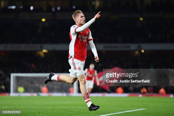 Emile Smith Rowe of Arsenal celebrates after scoring their team's second goal during the Premier League match between Arsenal and West Ham United at...