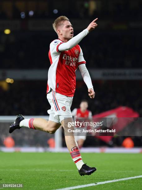 Emile Smith Rowe of Arsenal celebrates after scoring their team's second goal during the Premier League match between Arsenal and West Ham United at...