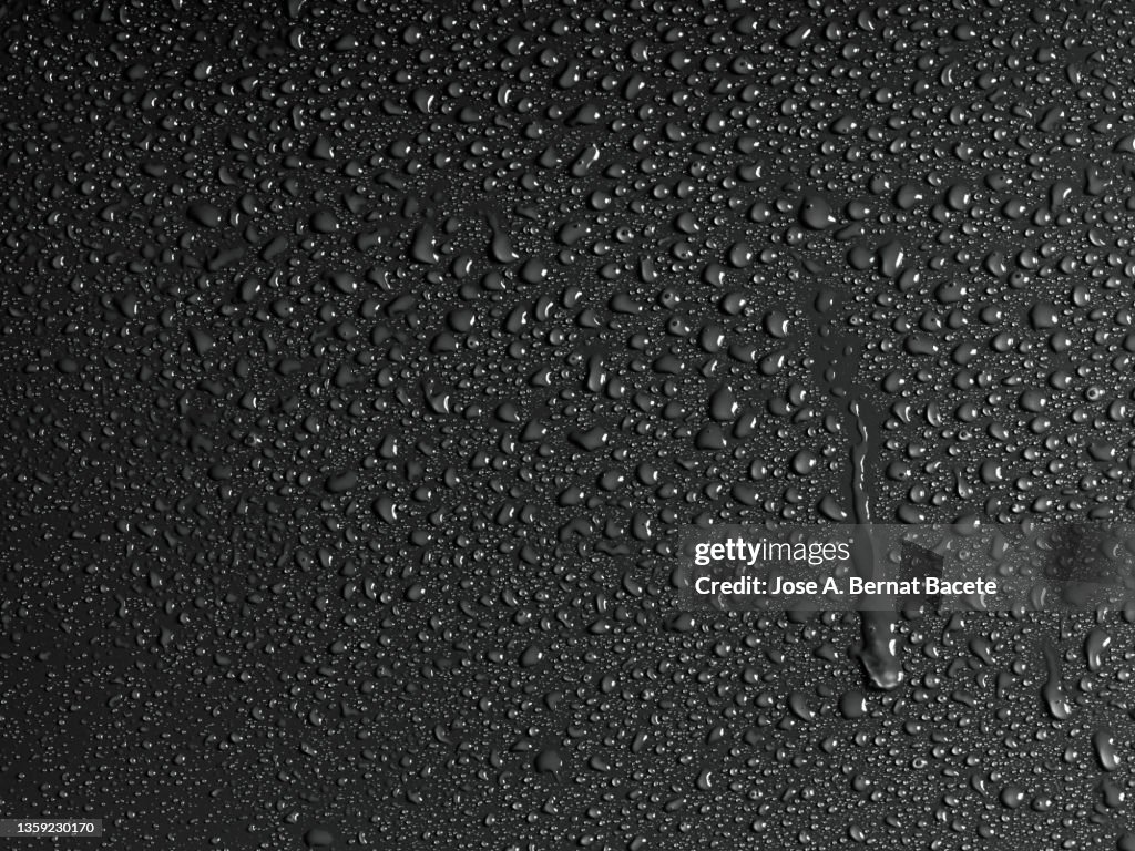 Full frame of the water droplets sliding on a black wet surface.