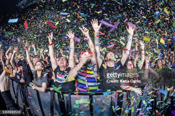 Crowd during confetti explosion at Enter Shikari's concert at O2 Academy Birmingham on December 15, 2021 in Birmingham, England.