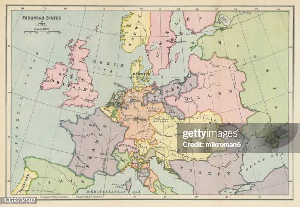 old map of european states in 1792 - map europe stock-fotos und bilder