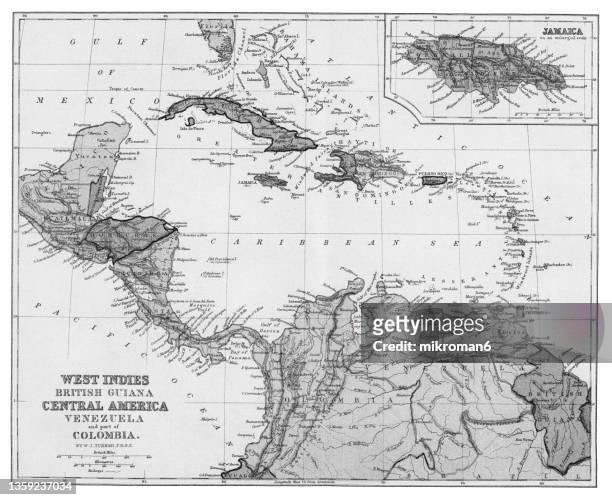 old map of west indies (british guiana), central america (venezuela) part of colombia and jamaica - caribbean sea stock pictures, royalty-free photos & images