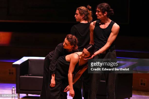 Dancers Florian Astraudo, Hava Hudry, Gaetan Vermeulen, Lisa Langlois, perform on stage during the "Reporters D'Espoirs" : Party, at Maison de la...