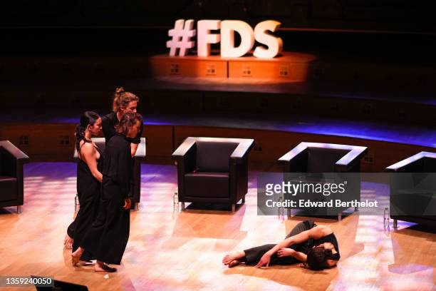Dancers Florian Astraudo, Hava Hudry, Gaetan Vermeulen, Lisa Langlois, perform on stage during the "Reporters D'Espoirs" : Party, at Maison de la...