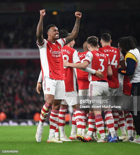 Gabriel celebrates the 1st Arsenal goal, scored by Gabriel Martinelli during the Premier League match between Arsenal and West Ham United at Emirates...