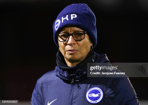 Hope Powell, Manager of Brighton & Hove Albion, looks on prior to the FA Women's Continental Tyres League Cup match between West Ham United and...