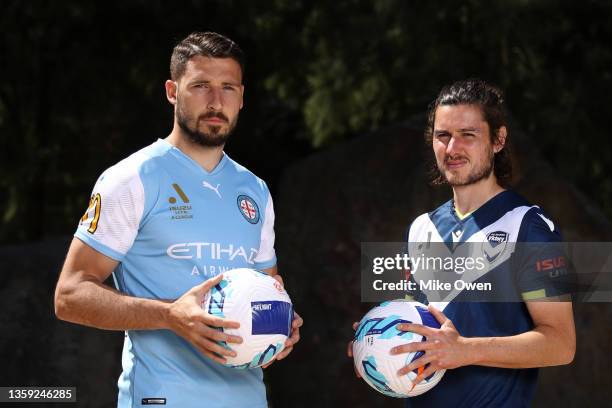 Mathew Leckie of Melbourne City and Marco Rojas of Melbourne Victory pose for a photo during an A-League media opportunity at Birrarung Marr on...