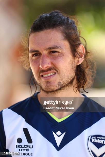 Marco Rojas of Melbourne Victory talks to the media during an A-League media opportunity at Birrarung Marr on December 14, 2021 in Melbourne,...