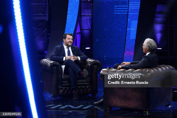 Matteo Salvini and Massimo Giletti attend the "Non È L'Arena" Tv Show at Ex De Paolis Studios on December 15, 2021 in Rome, Italy.