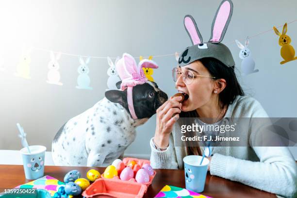 dog and woman with costume and easter decorations - dog easter stock-fotos und bilder