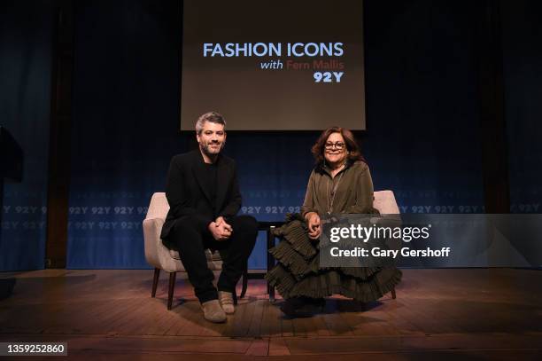 Fashion designer Brandon Maxwell and event moderator Fern Mallis attend 'Fashion Icons with Fern Mallis: Brandon Maxwell' at 92nd Street Y on...