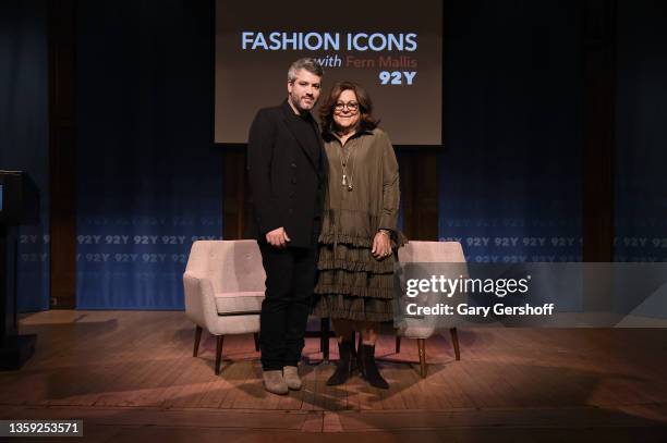 Fashion designer Brandon Maxwell and event moderator Fern Mallis attend 'Fashion Icons with Fern Mallis: Brandon Maxwell' at 92nd Street Y on...