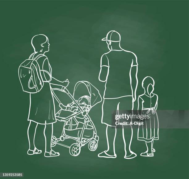 out for a stroll family chalkboard - kid backpack stock illustrations
