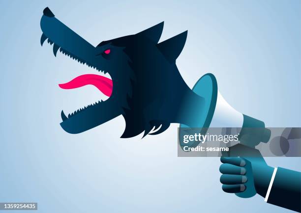 hand holding a megaphone and shouting and flying out of the megaphone a vicious wolf - bossy stock illustrations