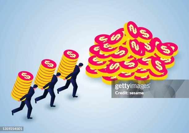 isometric businessmen carry gold coins and collect them into a pile, the businessmen work hard to make money - muster stock illustrations