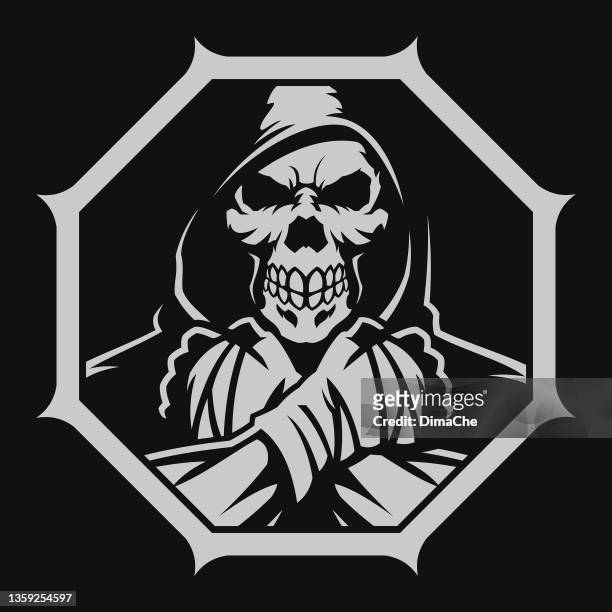 stockillustraties, clipart, cartoons en iconen met reaper fighter in hood and with bandages on his hands - cut out vector icon - mixed martial arts
