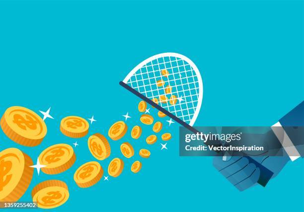 hand holding net bag to arrest gold coins, business concept illustration - fishing net stock illustrations