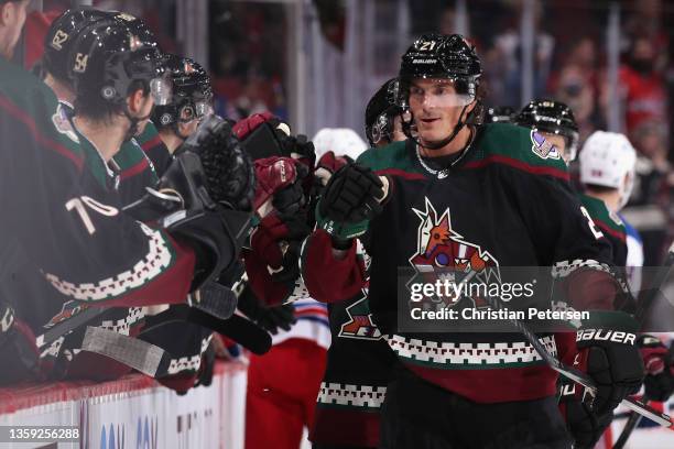 Loui Eriksson of the Arizona Coyotes celebrates with teammates on the bench after scoring a short-handed goal against the New York Rangers during the...