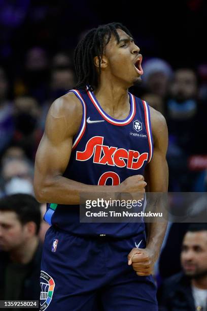 Tyrese Maxey of the Philadelphia 76ers celebrates during the fourth quarter against the Miami Heat at Wells Fargo Center on December 15, 2021 in...