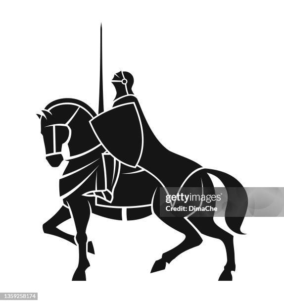 ritter mit speer auf einem pferd - ausgeschnittene silhouette - army helmet stock-grafiken, -clipart, -cartoons und -symbole