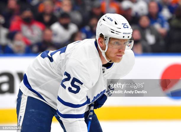 Ondrej Kase of the Toronto Maple Leafs awaits a face-off during the game against the Edmonton Oilers on December 14, 2021 at Rogers Place in...