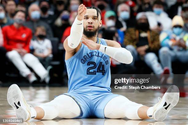 Dillon Brooks of the Memphis Grizzlies reacts against the Portland Trail Blazers during the second quarter at Moda Center on December 15, 2021 in...