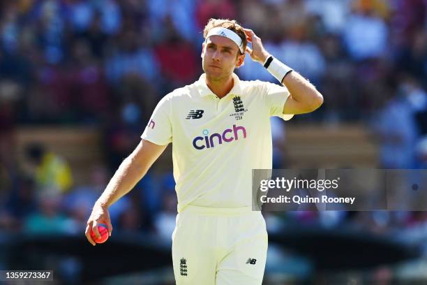Stuart Broad of England adjusts his headband during day one of the Second Test match in the Ashes series between Australia and England at the...