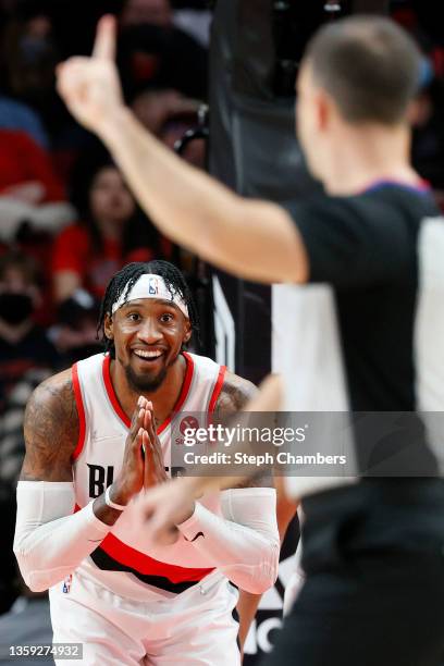 Robert Covington of the Portland Trail Blazers reacts after committing a foul against the Memphis Grizzlies during the third quarter at Moda Center...
