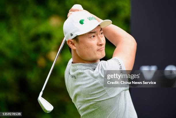 Li Haotong of China in action during the first round of Volvo China Open 2021 at Genzon Golf Club on December 16, 2021 in Shenzhen, Guangdong...