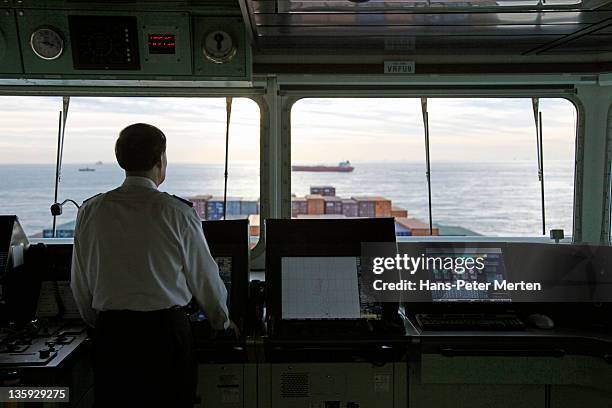 bridge at a containership with captain - navigational equipment stock pictures, royalty-free photos & images