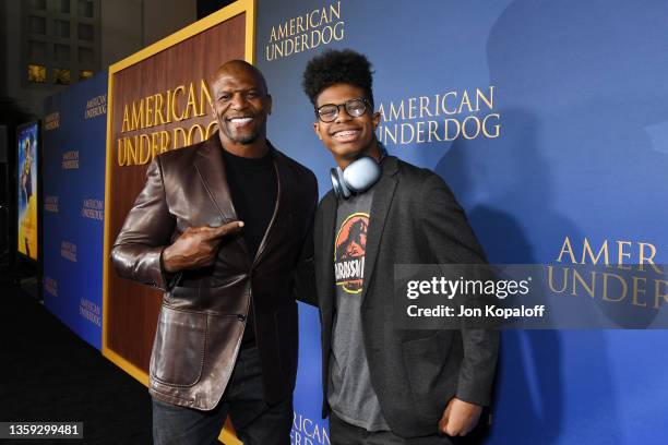 Terry Crews and Isaiah Crews attend the "American Underdog" Premiere at TCL Chinese Theatre on December 15, 2021 in Hollywood, California.