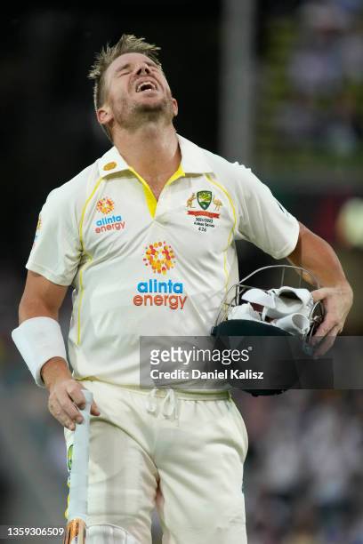 David Warner of Australia reacts after being dismissed by Ben Stokes of England for 95 runs during day one of the Second Test match in the Ashes...