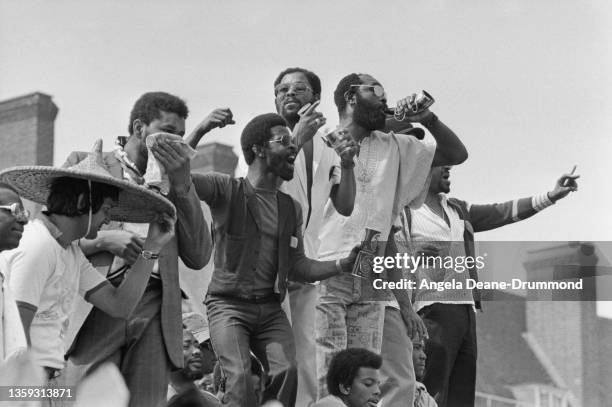 Excited cricket fans cheering at the Oval during the Fifth Test of West Indies vs England match, London, UK, 12th August 1976.