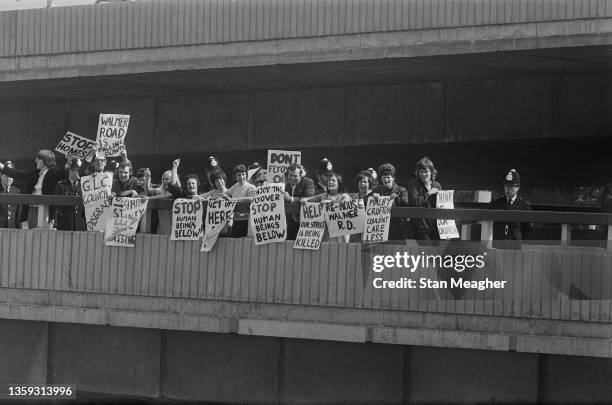 Local residents protesting on the new Westway, elevated dual carriageway section of the A40 route, London, UK, 9th August 1970.