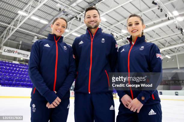 Natasha McKay, Lewis Gibson and Lilah Fear of Team Great Britain pose for a photograph during a Team GB Figure Skating Photocall at Ice Sheffield on...
