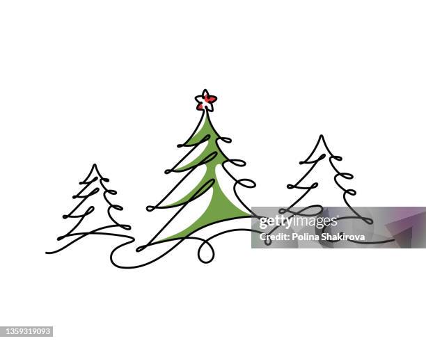 ilustraciones, imágenes clip art, dibujos animados e iconos de stock de dibujo de una línea de un bosque con árbol сhristmas. - fir tree