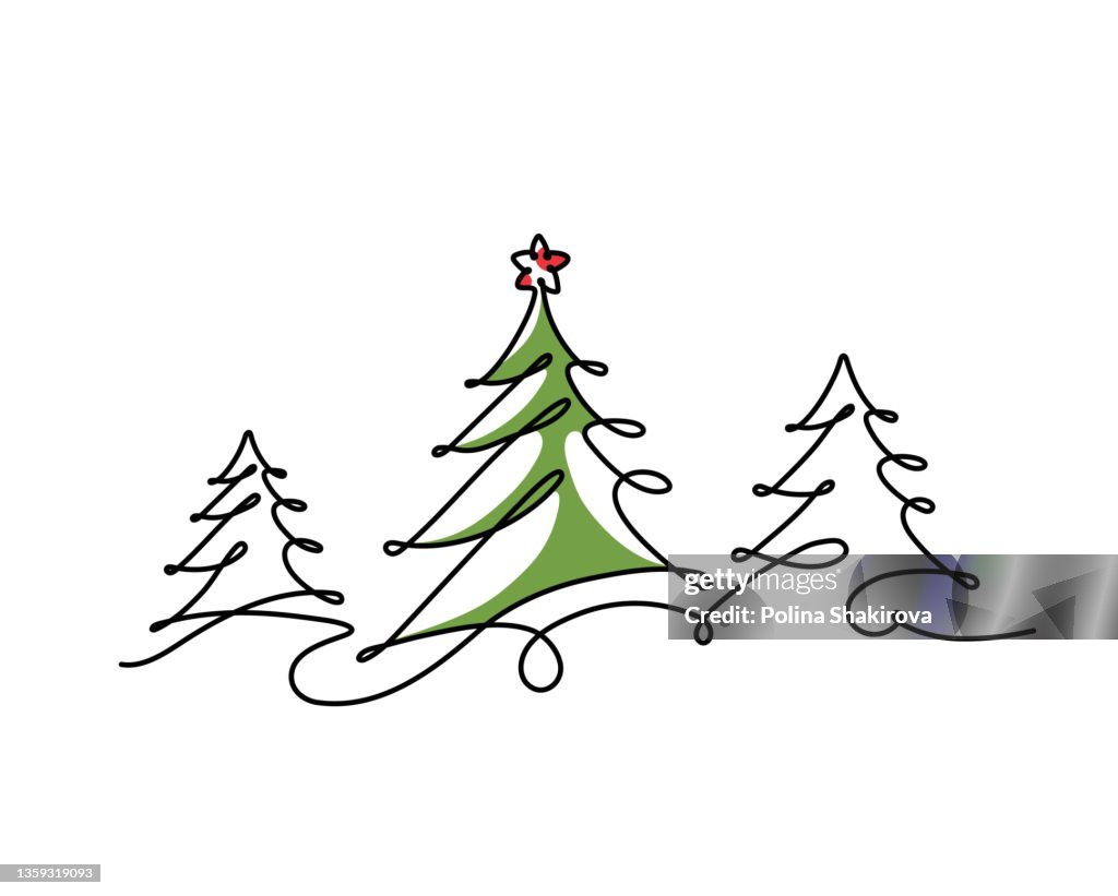 One line drawing of a forest with Сhristmas tree.