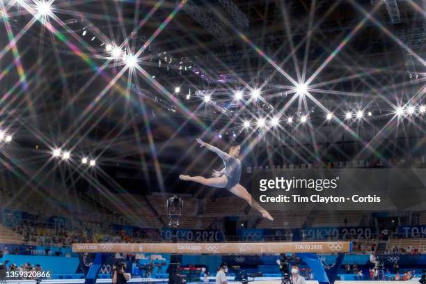 Sunisa Lee of the United States performs her balance beam routine during the Women's Individual All-Around Final at Ariake Gymnastics Centre during...