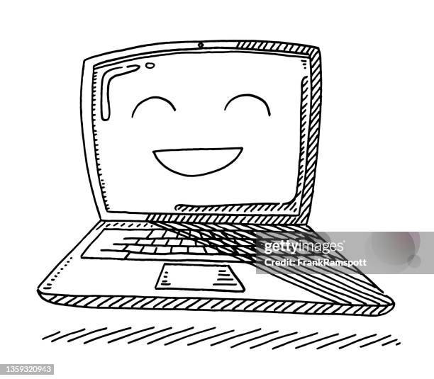 cute character face laptop computer drawing - computer smile stock illustrations