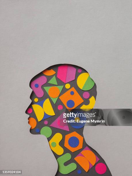 paper head silhouette with geometric shapes - brainstorming illustration bildbanksfoton och bilder