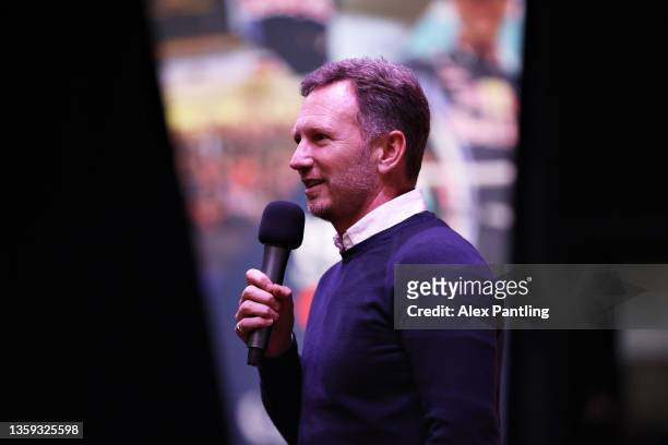 Red Bull Racing Team Principal Christian Horner talks on stage at Red Bull Racing Factory on December 15, 2021 in Milton Keynes, England.