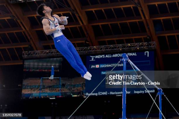 Daiki Hashimoto of Japan, during his Horizontal Bar routine while winning the gold medal in the Men's All Round competition at Ariake Gymnastics...