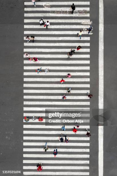 luftaufnahme einer menschenmenge, die die straße überquert - zebrastreifen stock-fotos und bilder