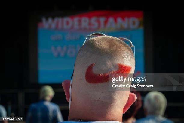 An AfD supporter attending the end of Regional State Elections Rally on June 4,2021 in Magdeburg, Saxony-Anhalt, Germany in 2021 has the AfD motif...