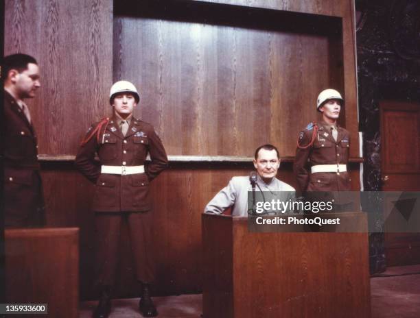 Hermann Goering testifies in his own defense during the war crimes trial of high-ranking Nazi leaders, Nuremberg, Germany, 1946.