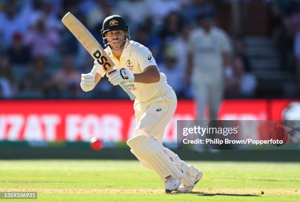 David Warner of Australia bats during day one of the Second Test match in the Ashes series between Australia and England at Adelaide Oval on December...