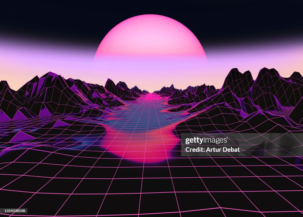 Futuristic digital render with surreal cyber landscape and big sun.
