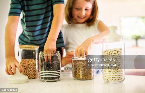 笑顔の女の子と彼女の兄弟は台所の瓶から豆とレンズ豆を取り出す - lentil ストックフォトと画像