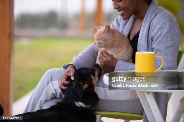 mujer acariciando a su gato y a su perro. - pet owner fotografías e imágenes de stock