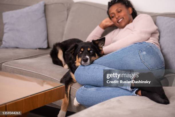 woman petting dog at home. - black hairy women bildbanksfoton och bilder